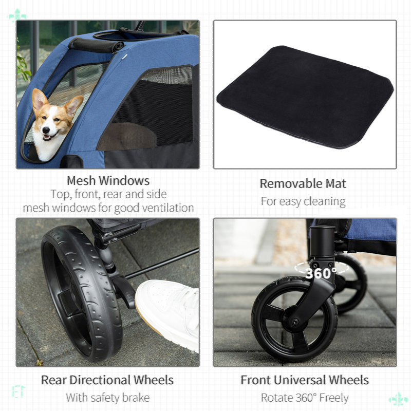 Pet Stroller Universal Wheel With Storage Basket Ventilated Foldable, Blue