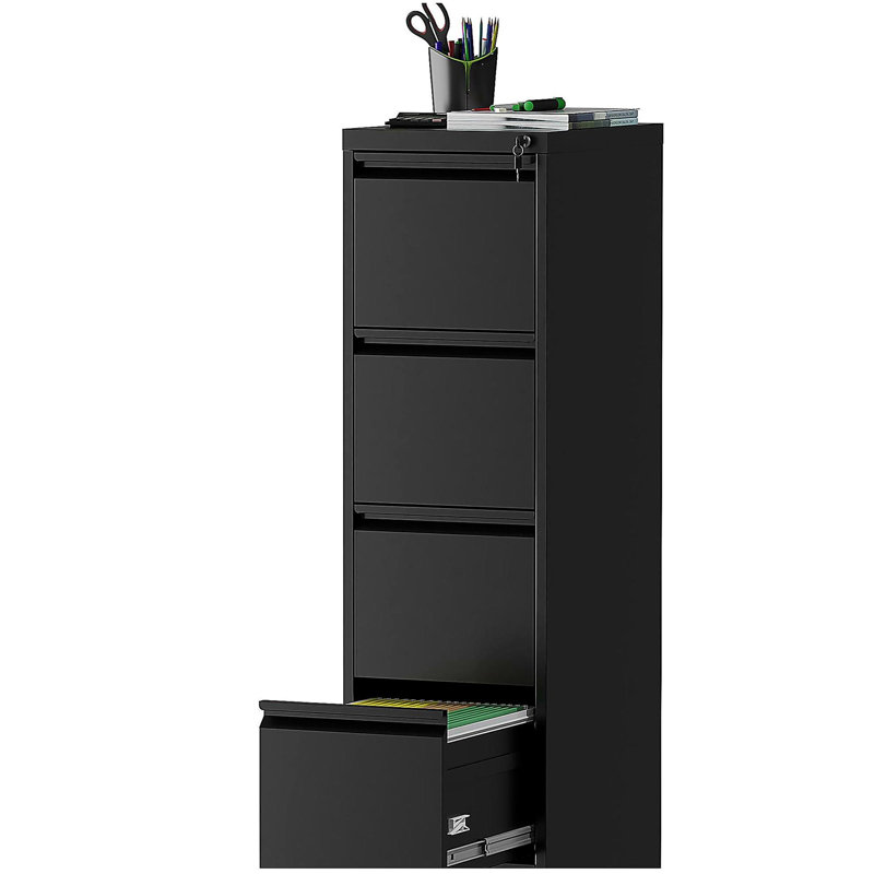 4 Drawer Metal Locking Vertical File Cabinet on Wheels, Black