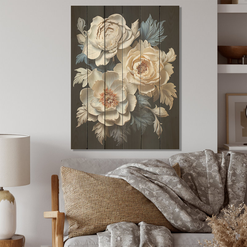 Beige Whispers Of Peonies I - Peonies Wood Art On Natural Pine Wood, 20" H x 10" W