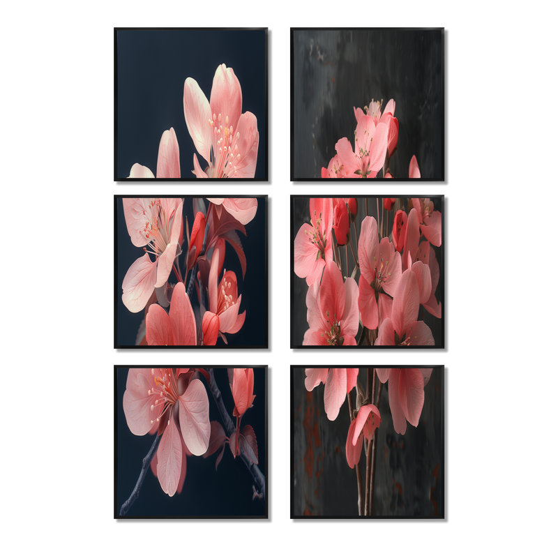 Bouquet de roses roses et noires éclatantes - ensemble de 6 impressions sur toile de fleurs de pommiers, Noir