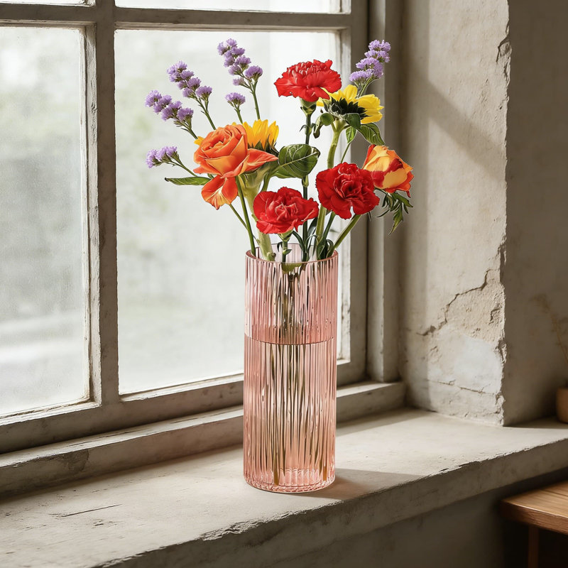 Ribbed Glass Vase For Flowers, Tall Cylinder Vase For Centerpieces, Modern Handmade Decoration For Living Room, Dining Table, Office And Wedding