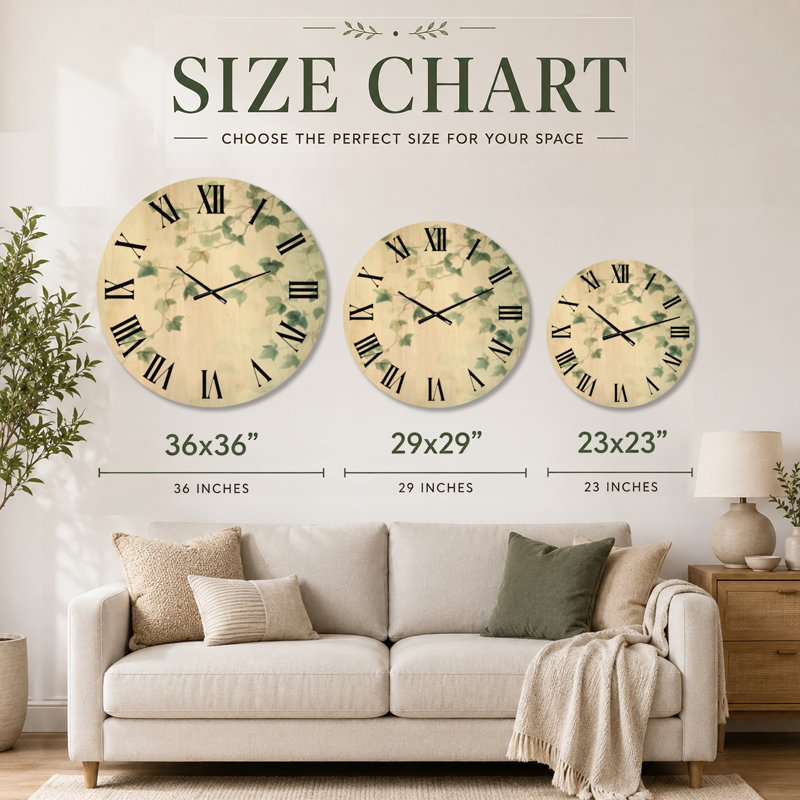 Horloge murale ronde grand format de style cottage, motif lierre grimpant, imprimée sur bois, Extra Large