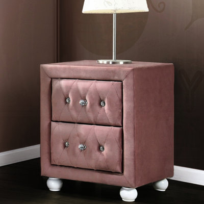 Fabric Upholstered Nightstand In Pink For Bedroom - 2 Drawers, , Tropical Wood Inner Frame With Drawers Inside, Pulls