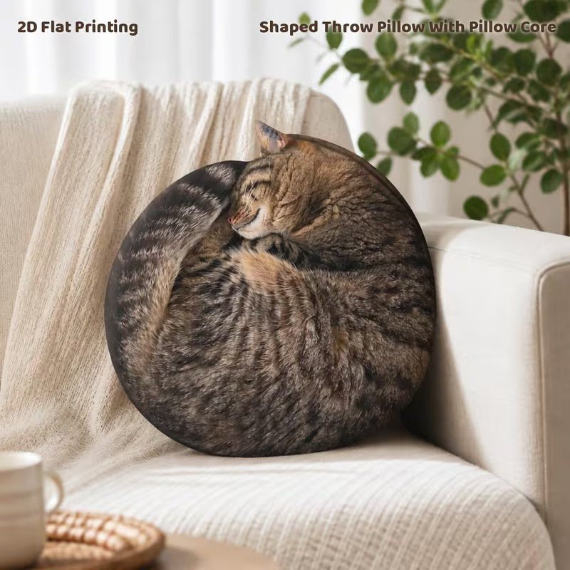 1pc Sweet Sleeping Tabby Cat Curled Into Round Shape 2D Flat Printing Shaped Stuffed Throw Pillow Decorative Cushion Pillow for Gift Bedroom Sofa Room Party Decor 30cm