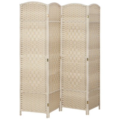 4 Panel Room Divider Hand-Woven Freestanding Partition Washed Oak
