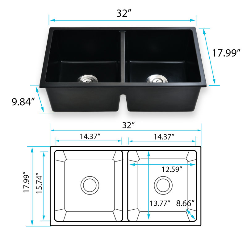 32" L X 18" W Black Quartz Double Bowl Undermount Sink - Heat , Stain Scratch Rust Basket Strainer For Unobstructed Drainage X Kitchen Sound Dampening, & Proof, Effortless And Uninterrupted
