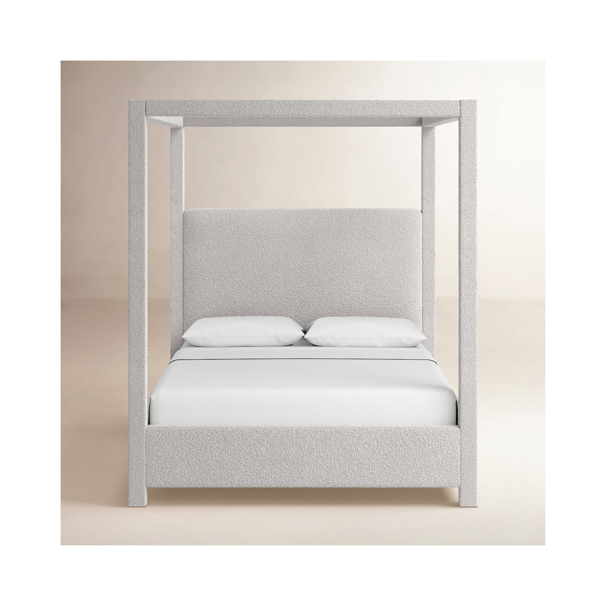 Upholstered Canopy Bed, Queen, Cream Boucle Fabric