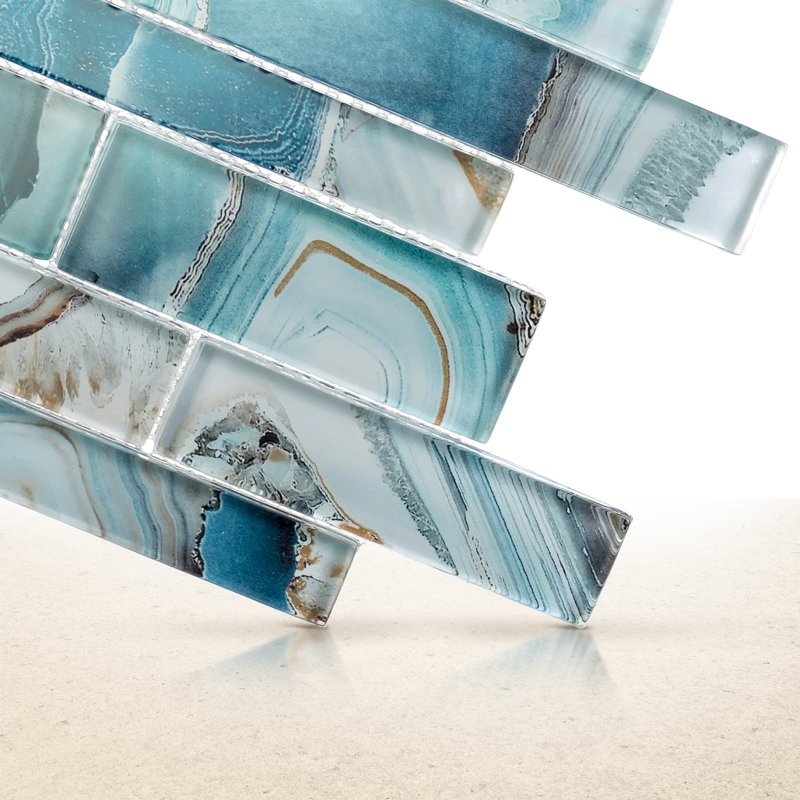 Myst Brick Joint Agate Inspired Polished Glass Wall Mosaic Tile, Capri