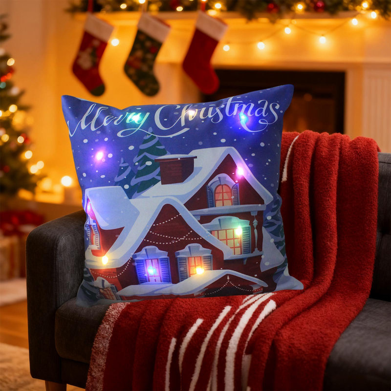 Oreillers de Noël à DEL Cadeaux des Fêtes Oreillers à DEL qui peuvent s'allumer ou rester allumé Deux modes de changement de mode Imprimé Canapé Coussins Coussins d'oreiller