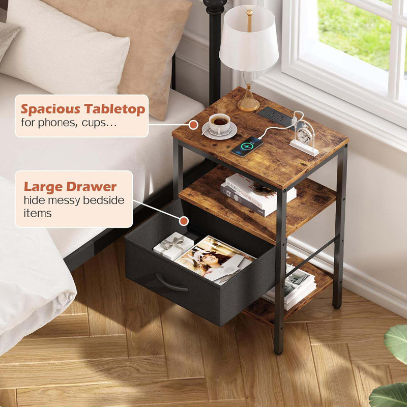Night Stand With Charging Station, LED Nightstand For Bedroom, Bedside Tables With Adjustable Fabric Drawer, 3-Tier End Table Living Room, Small Side Table With Storage, 
