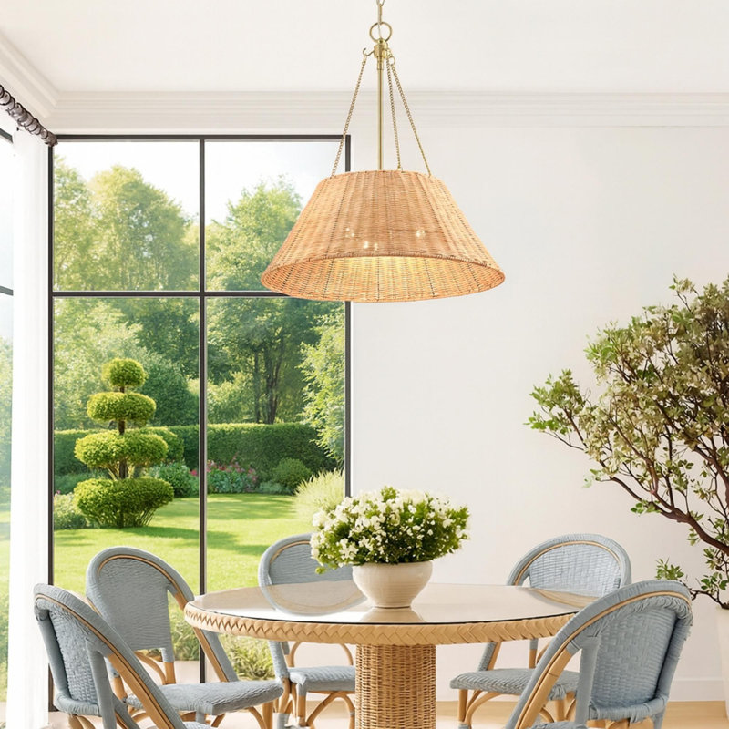 3-Light Modern Coastal Hand-Woven Rattan Pendant Chandelier, Brown