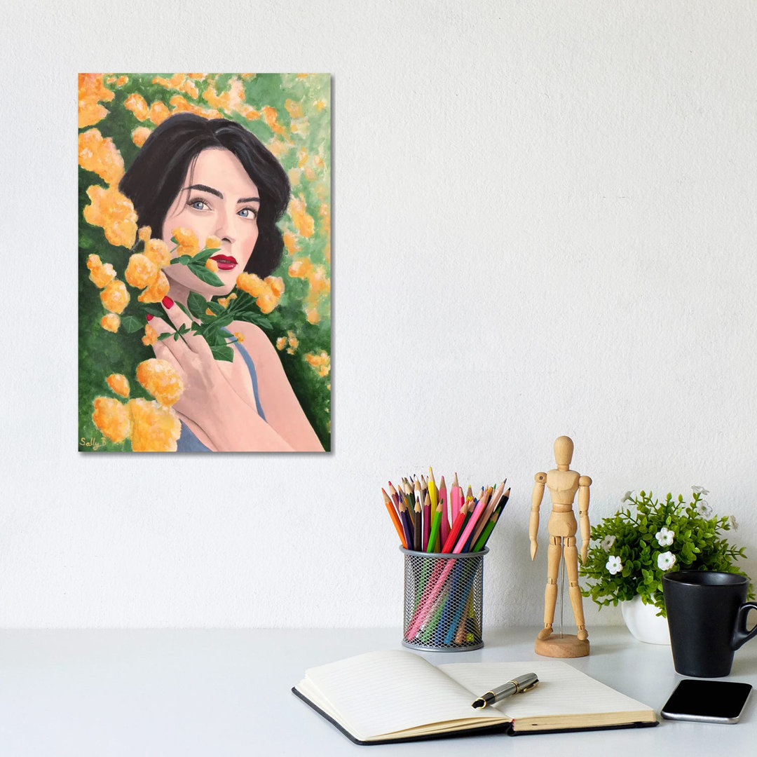 Woman In Orange Flower Garden von Sally B - Galerie-verpackte Leinwand Giclée auf Leinwand