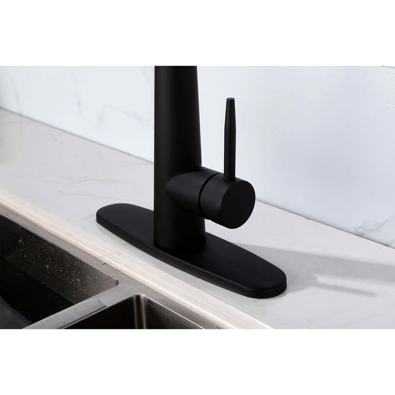 Robinet d'évier de cuisine rétractable à poignée simple en acier inoxydable, colorant noir mat, buse à grande arche rotative à 360 °, trois options de débit d'eau, jet, température et débit faciles