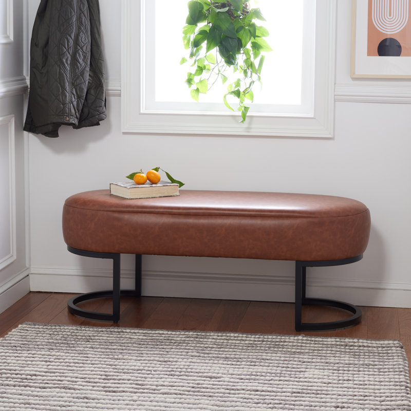 Faux Leather Upholstered Bench, Light Brown Faux Leather