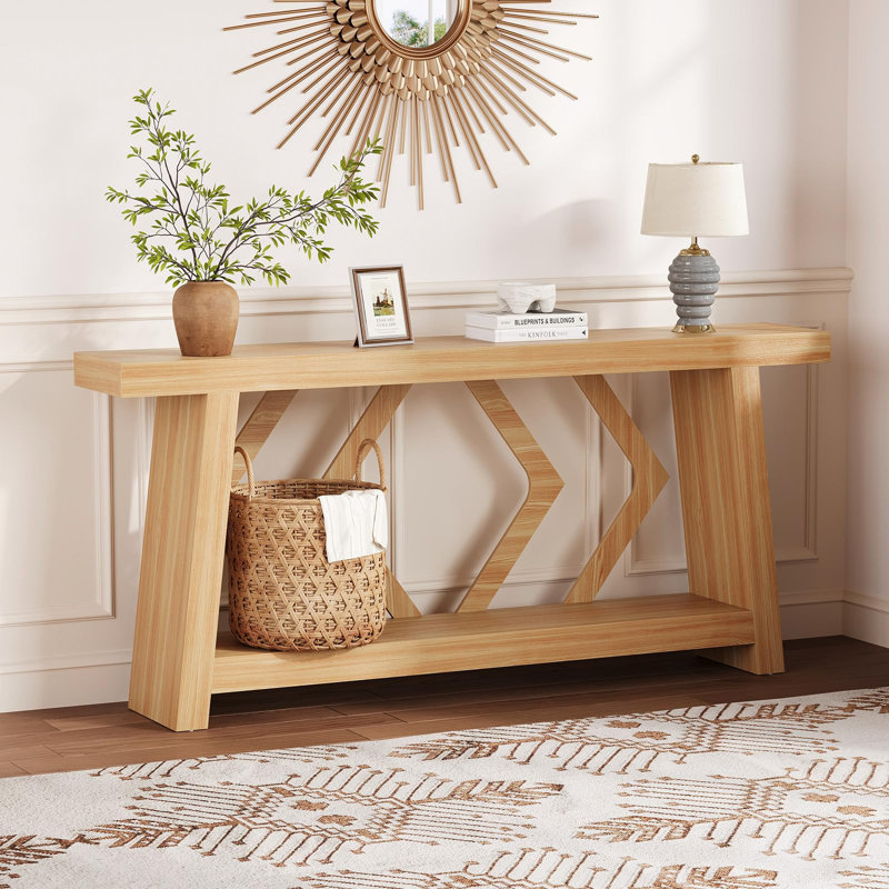 70.9" Farmhouse Console Table, 2-Tier Extra Long Narrow Sofa Table with Trapezoid Legs for Entryway, Natural