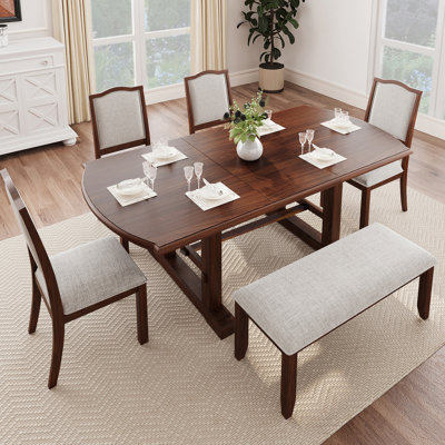 Ensemble de table de salle à manger 6 pièces exquis avec fonction extensible, chaises et banc rembourrés pour les réunions de famille et les diverses occasions de repas