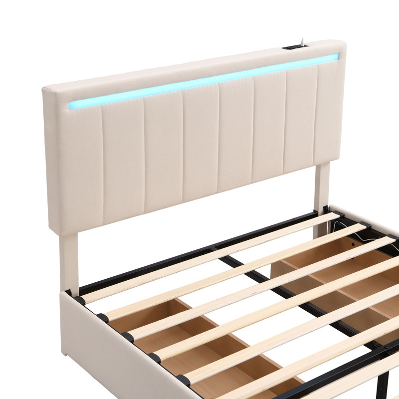 Lit plateforme tapissier avec rangement Huerfano, Double, Beige