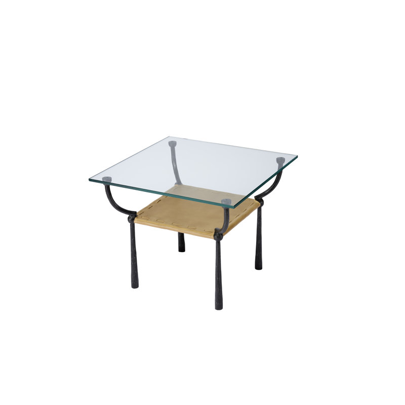 Black Iron and Glass Side Table with Leather Shelf