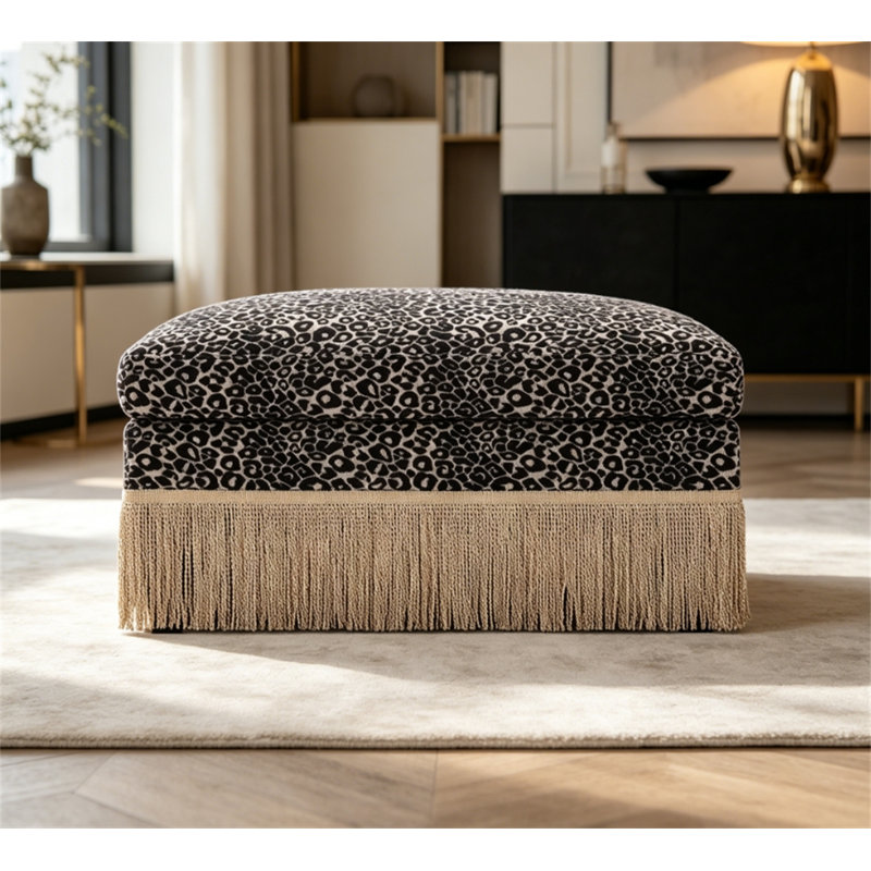 Leopard Print Chenille Ottoman - Soft, Elegant, And Versatile For Modern Living Spaces, Khaki/Black