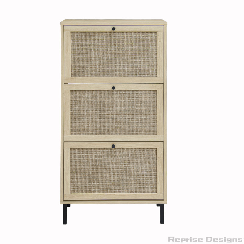 Freestanding Rattan 3 Door Shoe Rack Shoe Storage Cabinet, Natural