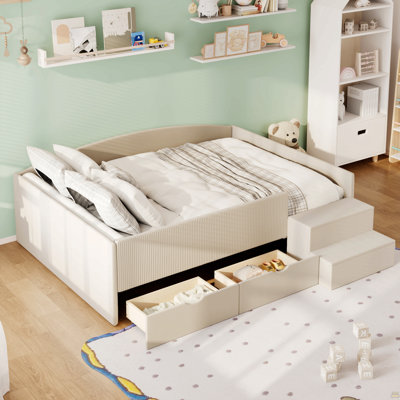 Full Size Upholstered  Daybed Frame with 2 Storage Drawers, Beige