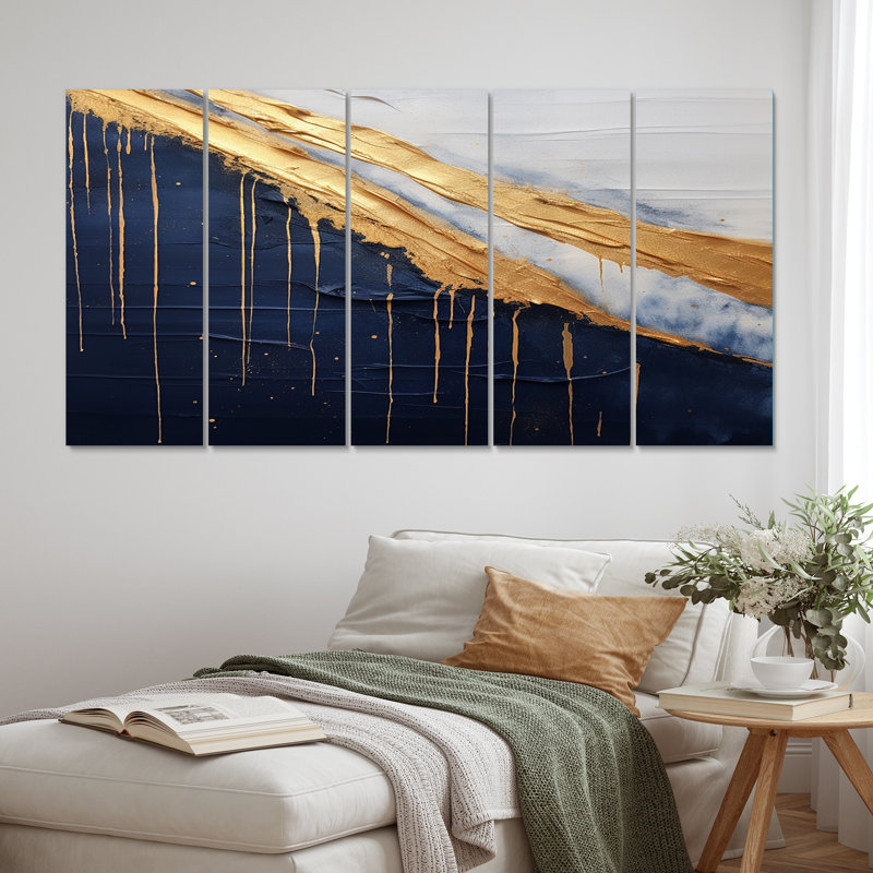 Une touche dorée et des rois bleus IV - décoration murale abstraite - 5 panneaux égaux