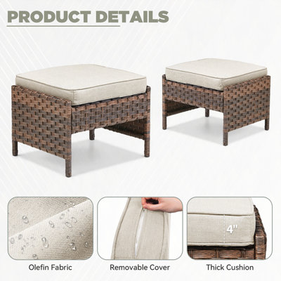 Ensemble de 2 repose-pieds d'extérieur en rotin brun avec coussin beige pour cour ou terrasse