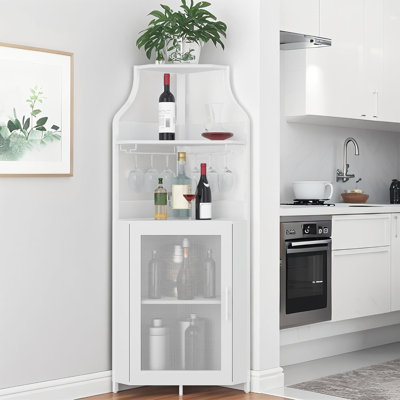Compact Corner Wine Bar Cabinet, Detachable Wine Rack & Glass Holder for Kitchen Dining Room