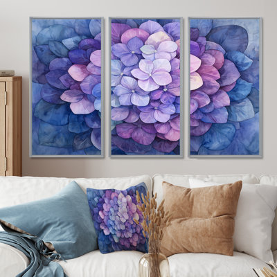 Hydrangea In Watercolor Mandella Of Purple Ink I - Hydrangea Set Of 3 Wall Art