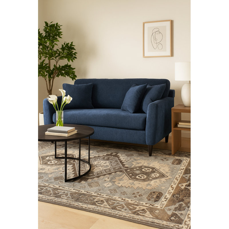 Tapis gris et brun en laine noué à la main - motif de médaillon géométrique tribal avec bordure audacieuse
