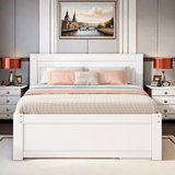 Wooden Platform Bed With A Drawer, Open Shelves And Pull-out Storage Cabinet