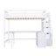 Lit mezzanine double avec bureau intégré en forme de L et tablettes de rangement à trois niveaux, et escalier de rangement attaché, blanc