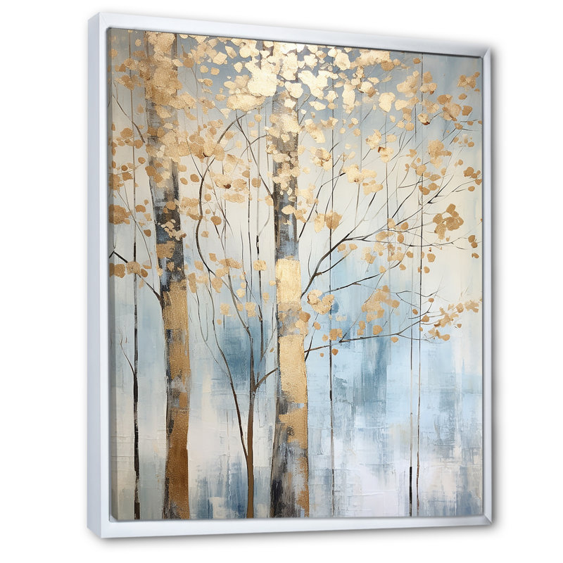 Or et bleu, arbres au trésor, paysage II - art mural arbres, H 20 po x l 12 po x P 1 po, Cadre flottant blanc