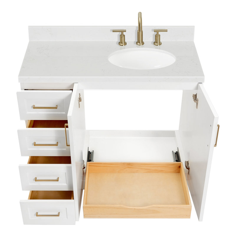 Freitas 42'' Solid Wood Single Bathroom Vanity in White with 1.5'' Carrara White Quartz Top, Right Offset, Oval Sink, White