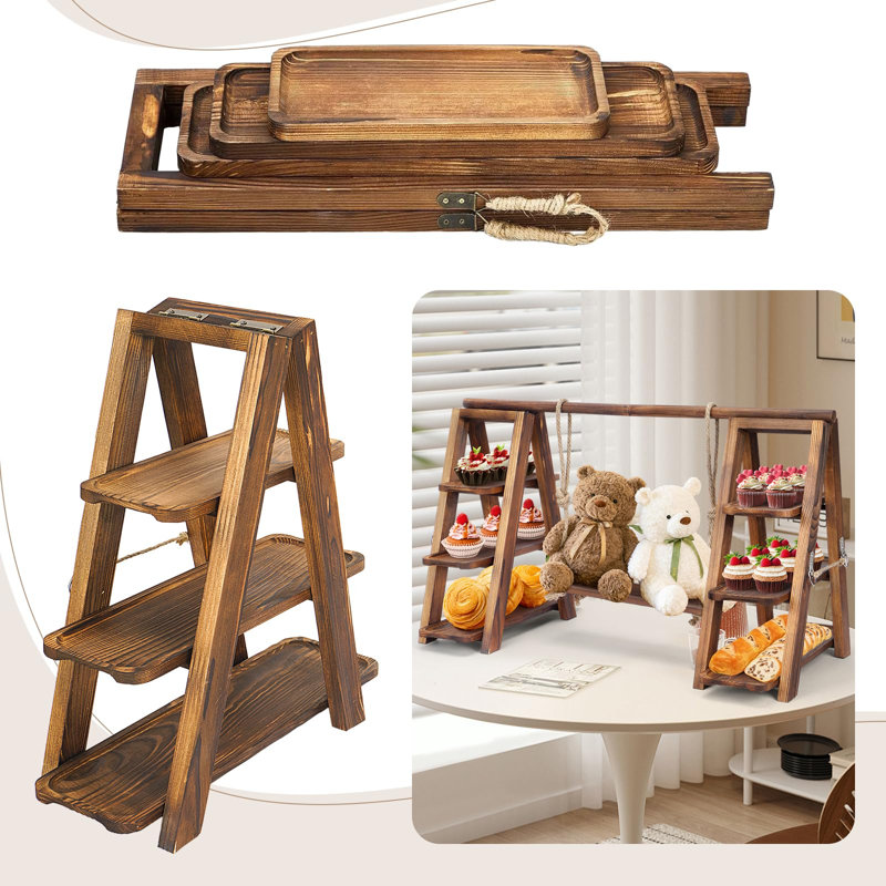 3 Tier Serving Tray Solid Wood Ladder Stand Wooden Double Dessert Table Display Rack