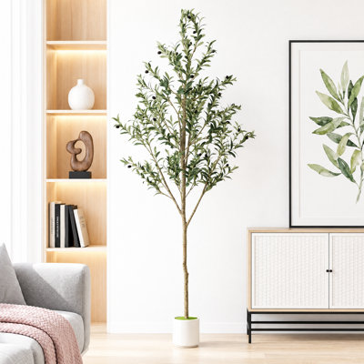 Faux olivier 7 pi avec pot à fleurs blanc, plante artificielle pour la maison et le bureau