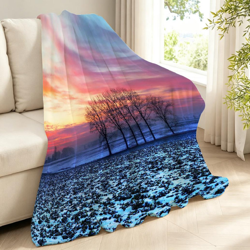 Jeté en flanelle transparente molletonné, impression recto paysage coucher de soleil pré, Throw 40" x 50"