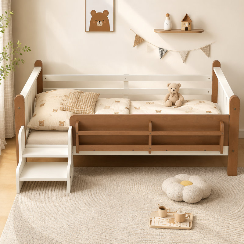 Lit sur pied avec bibliothèques de rangement, lit en bois avec escalier et garde-corps, Twin, Beige