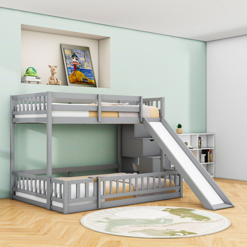 Twin Over Full Wood Bunk Bed With Slide, Storage Stair And Guardrails, Gray