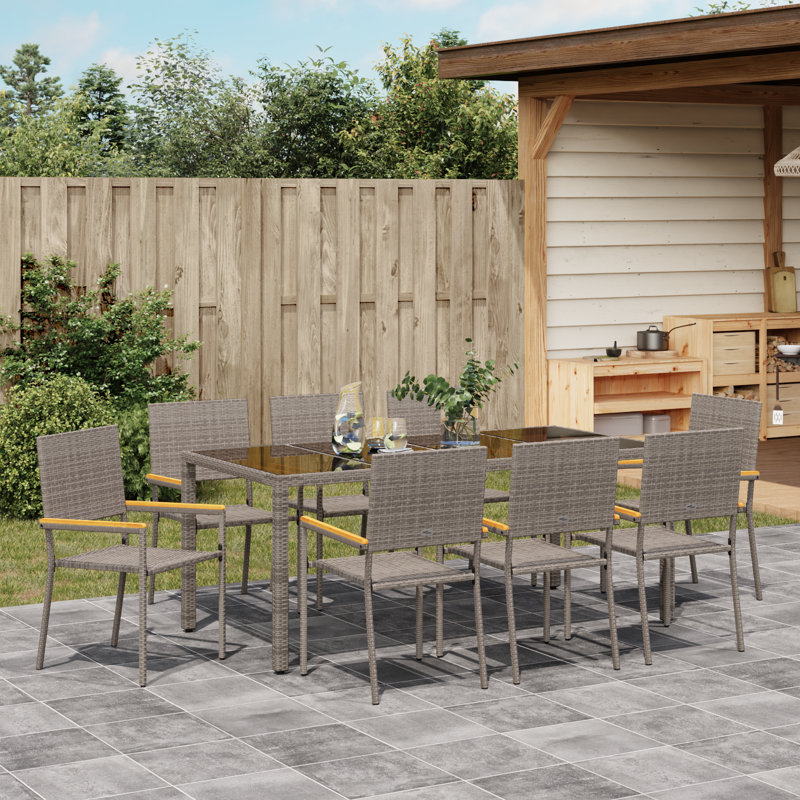 9 Piece Garden Dining Set Poly Rattan, Grey