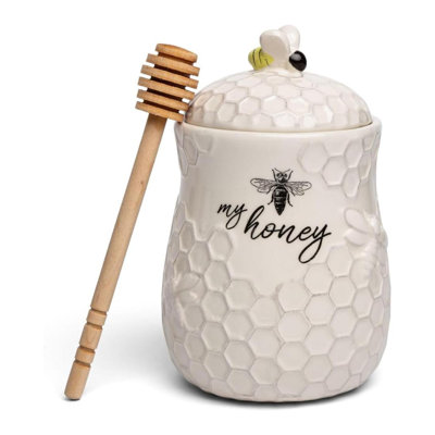 Ceramic Honey Jar With Wooden Honey Dipper - Farmhouse Kitchen Decor - Tea Accessories