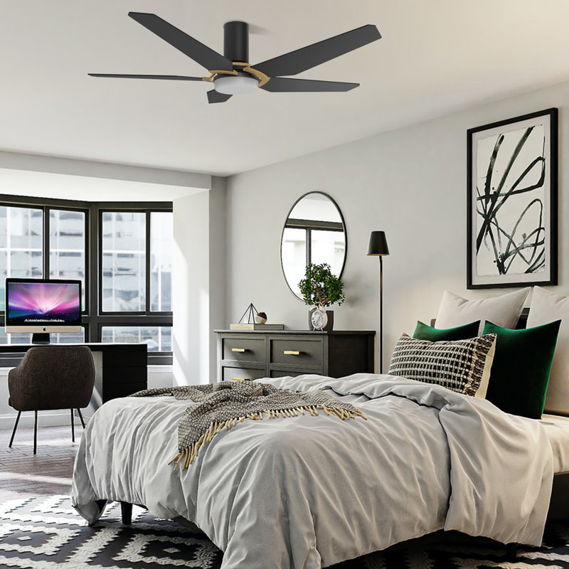 Smart DC Ceiling Fan with Light, Remote Control Flush-Mounted, Black/Gold, 48"