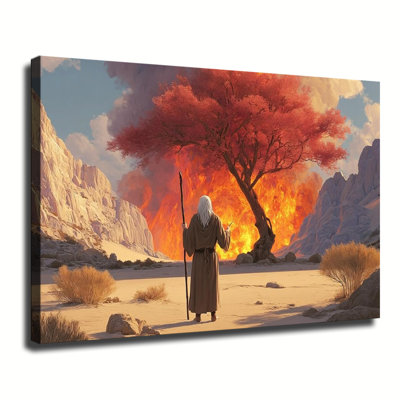 Moses Standing Before Burning Bush Desert Mountain Biblical Scene Art, Large Gallery Wrapped Canvas Wall Art Print For Living Room Bedroom
