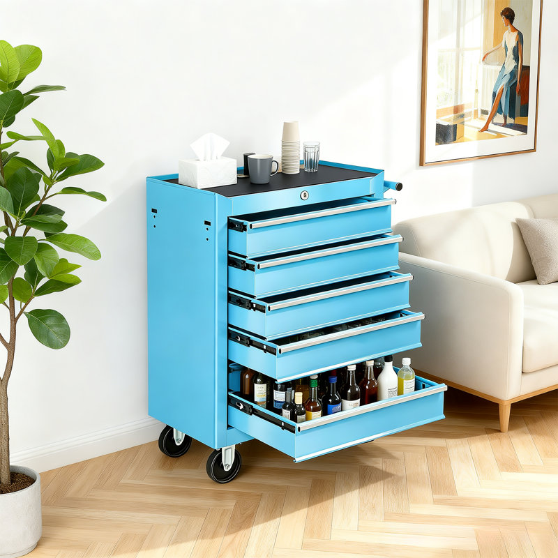 5-Drawer Rolling Tool Chest With Lock, Tool Cart Storage Cabinet Organizer With Wheels and Handle, Blue