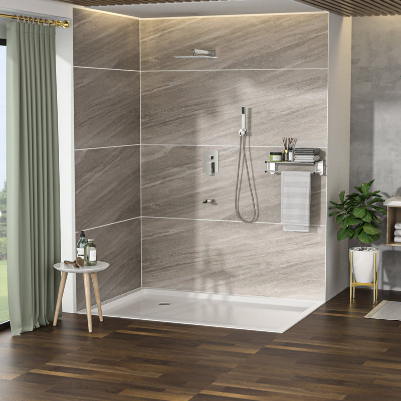 12 Inch Shower System With Waterfall Tub Spout In Brushed Nickel - 3 Function, Rainfall Shower, Handheld, Valve, Handheld & Rain