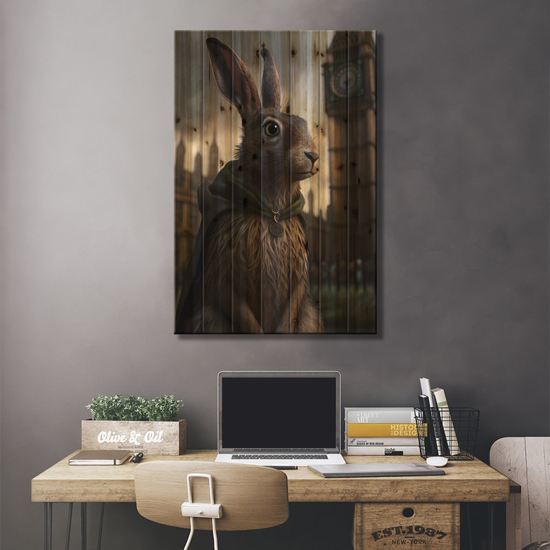 Un lapin à Londres. «On Wood» par Ievgeniia Bidiuk, reproduction, H 26 po x l 18 po x P 1,5 po