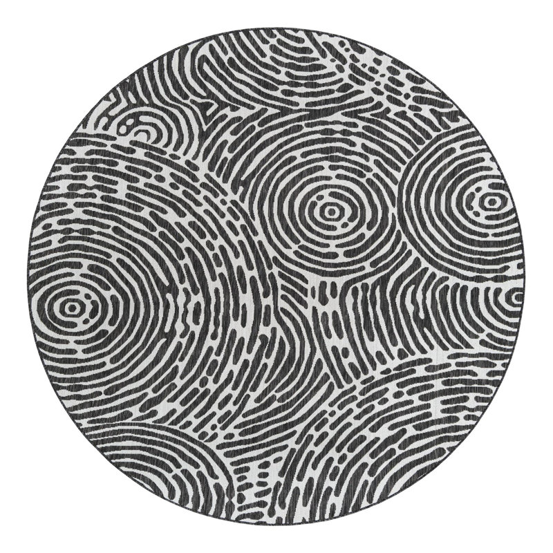 Tapis intérieur / extérieur en polypropylène géométrique tissé à la machine en noir / blanc, Rond 7 pi 10 po