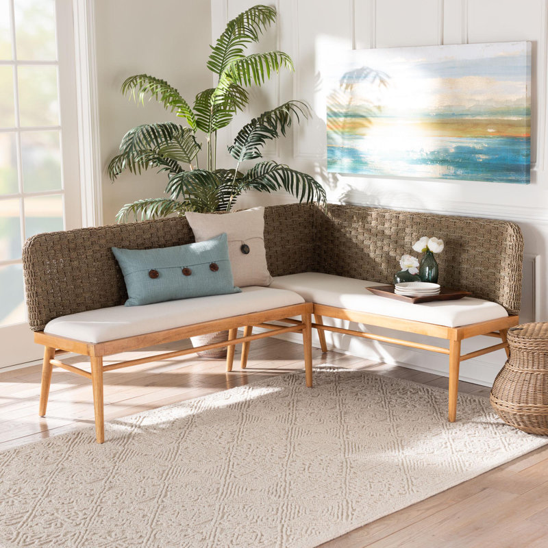 Denver Natural Seagrass and Acacia Wood Dining Nook Banquette Set