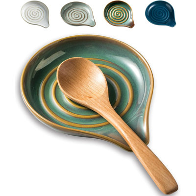 Spoon Rest for Stove Top, Ceramic Spoon Holder for Kitchen Counter 5 inch Stove Spoon Rest Large Spatula Holder for Kitchen, Ladle, Tongs, Heat-Resistant, Farmhouse Kitchen Decor, Unique Green