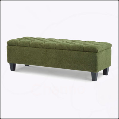 Élégant banc de repose-pieds Green Boucle avec beaucoup de rangement et des pieds en bois d'hévéa durables, capacité de 300 lb